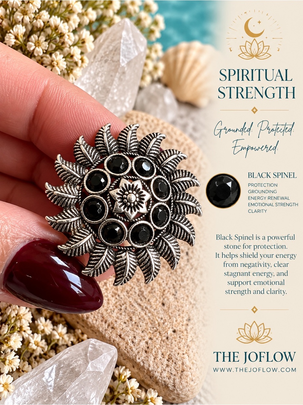 925 Spiritual Strength Black Spinel Modern Sun Ring 8.25